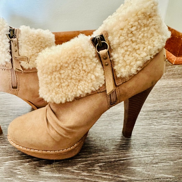 UGG “Georgette” Women Stiletto Platform Ankle Nubuck Fur Upper Boots Tan Size 9 - Picture 8 of 9